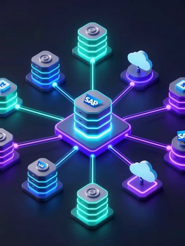Isometric 3D vector node diagram of a complex workflow architecture, glowing neon cyan and electric violet data paths connecting SAP databases and cloud APIs, emissive lighting on dark background.