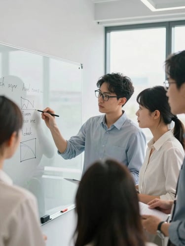 Over-the-shoulder workshop perspective, active professional collaboration in a bright natural office daylight, team members analyzing a whiteboard with focus, modern corporate environment, 35mm