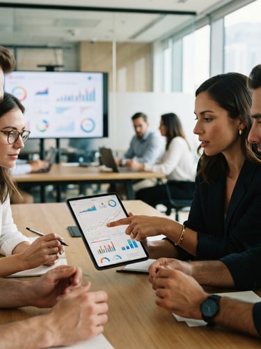 Consultor e equipe em reunião de trabalho, analisando dados em um tablet, com gráficos em segundo plano. Ambiente de escritório moderno, luz natural, foco na colaboração e análise estratégica. Foco em mãos e tela, com rostos de perfil. modern editorial corporate photography, bright natural office daylight, clean professional tones, shallow depth of field, 35mm