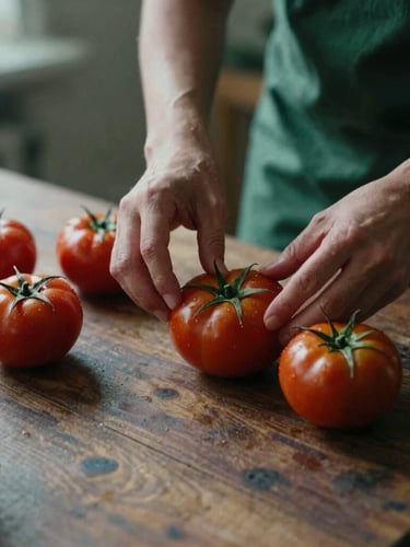 Behind-the-scenes documentary shot of a photographer styling fresh organic tomatoes on a rustic table, soft natural side-light, cinematic matte finish.