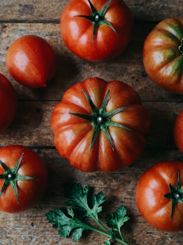 Overhead flat lay of freshly harvested organic heirloom tomatoes and green herbs on a rustic wooden table, soft natural side-light, moody shadows, 35mm film style