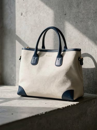A structured leather and canvas bag resting on textured architectural concrete, soft dramatic window light, casting long shadows, 35mm editorial fashion photography