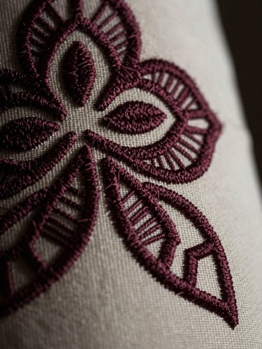 Macro photograph of dense, high-tension burgundy embroidery on structured cream canvas, low-key directional window light, soft shadows, 35mm editorial fashion lookbook style