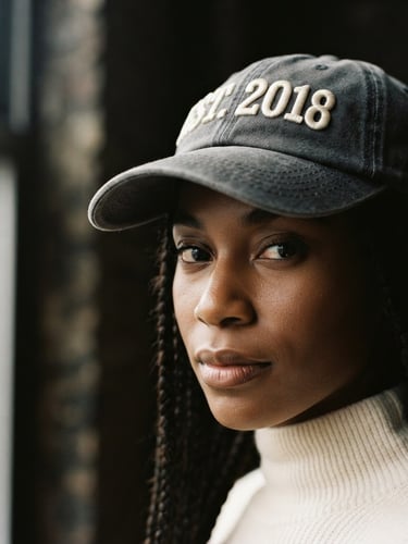 A close-up portrait of an urban model in soft shadow wearing a structured charcoal dad hat with dense, high-relief embroidery, soft dramatic window light, 35mm
