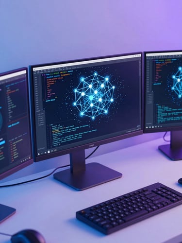 Close-up of a modern developer workstation in Hyderabad, multiple monitors displaying complex code structures and neural network telemetry, soft cool blue and purple ambient lighting, high-fidelity octane render