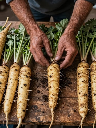 Close overhead flat-lay of a farmer's hands sorting freshly harvested root vegetables on a rough wooden table at a market stall, early morning diffused daylight, soil still visible on the roots
