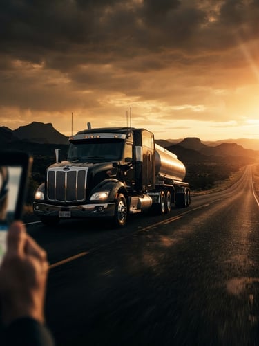 Low-angle heroic shot of a heavy-duty Class 8 truck on an open highway at golden hour, sun flare, deep charcoal and amber tones, high contrast, 35mm, bleeding to the right edge. A dispatcher is seen on a tablet in the foreground, blurred.