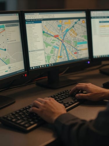 Close-up cinematic commercial photography of a dispatcher's hands on a multi-monitor setup, displaying complex route maps and permit applications, dramatic low-key lighting, deep charcoal and amber tones, high contrast, 35mm