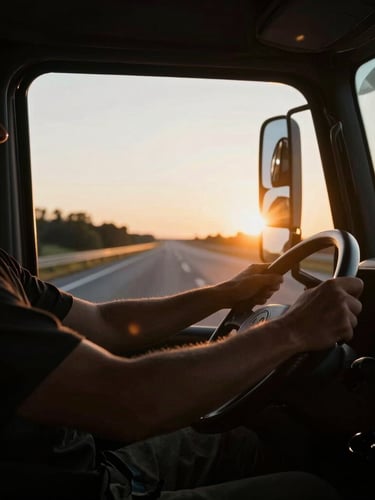Close-up of a truck driver's hands on the steering wheel, focused on the highway, dramatic low-key lighting, golden hour sun flare, deep charcoal and amber tones, high contrast, 35mm