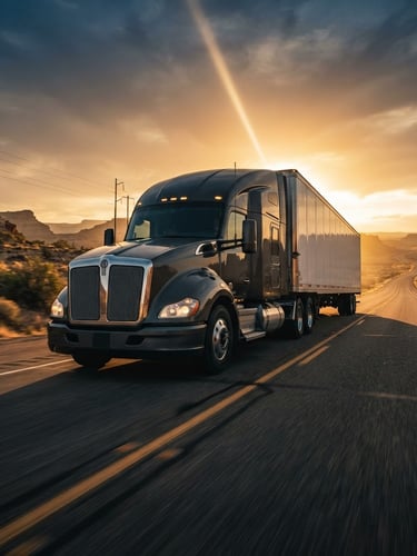 Low-angle heroic shot of a heavy-duty Class 8 dry van truck on an open highway at golden hour, sun flare, deep charcoal and amber tones, high contrast, 35mm