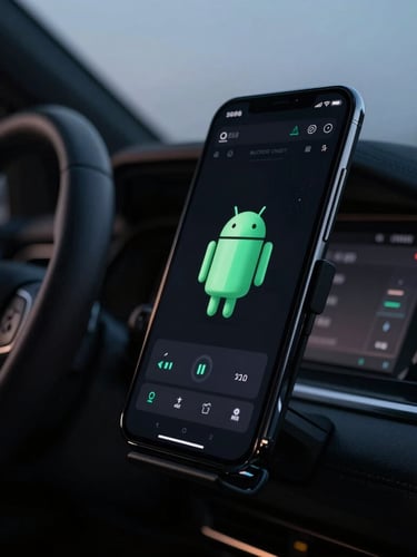 Tight macro shot of an Android device mounted on a dark car dashboard at twilight, showcasing a high-contrast dark UI screen with mint-green accents, soft steering wheel glow in the background.