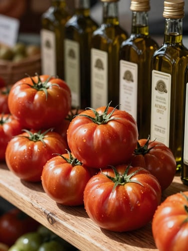 Close-up portrait of hand-stacked heirloom tomatoes and artisanal olive oil bottles on a rustic wooden market shelf, soft natural side-light casting deep shadows, Scandinavian style.