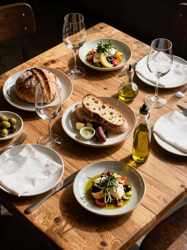 Overhead shot of a rustic wooden restaurant table filled with small plates, sourdough bread, olive oil, and wine glasses, warm afternoon sun casting long shadows