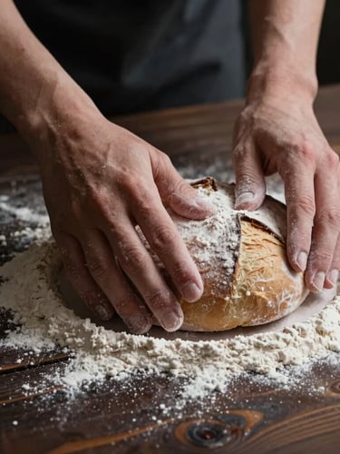 Macro close-up of hands dusting flour over freshly rolled sourdough on a dark wooden table, soft dramatic side light, deep shadows, moody Scandinavian aesthetic.