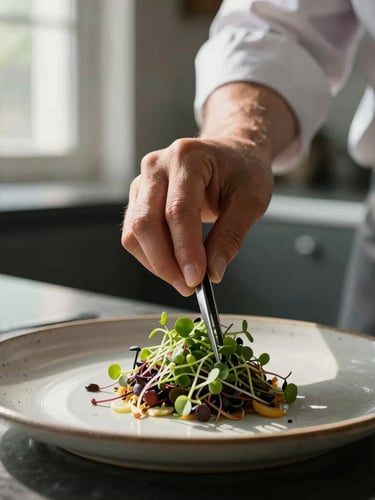 Close-up portrait of a chef carefully placing microgreens onto a finished plate with tweezers, soft natural light from a kitchen window, deep shadows, rustic ceramic plate