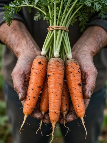 Close-up of weathered hands holding a bunch of freshly harvested heirloom carrots with rich soil still clinging to the roots, soft overcast morning light.