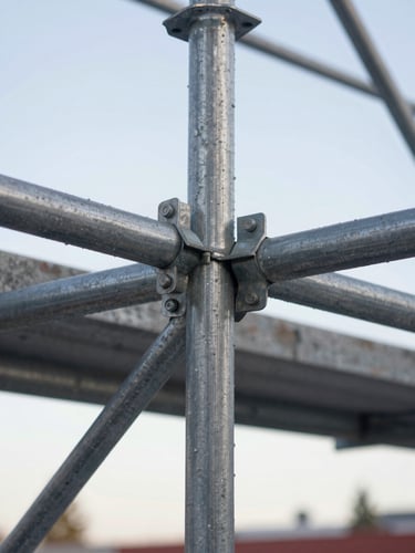Close-up of secure steel scaffolding joints and structural pipes against a crisp morning Stockholm sky, industrial focus, 35mm lens