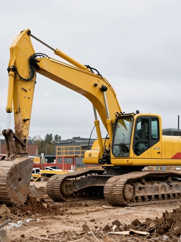An active groundwork site in Stockholm with a yellow excavator preparing the soil, natural overcast daylight, professional environment