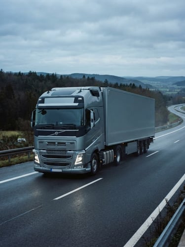 Crisp industrial photography of a clean commercial transport truck on a regional highway under overcast morning light, cool slate tones, 35mm