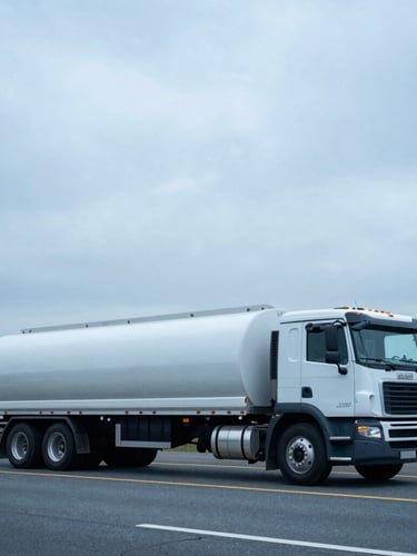 Wide environmental shot of a clean flatbed hotshot truck on a highway under an overcast sky, cool blue tones, sharp focus
