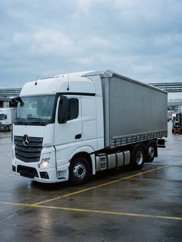 Crisp industrial photography of a clean branded transport vehicle, early morning overcast daylight, cool slate tones, sharp focus, 35mm