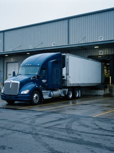 Crisp industrial photography of a clean transport truck staged at an overcast early morning loading dock, cool blue and slate tones, sharp focus, 35mm