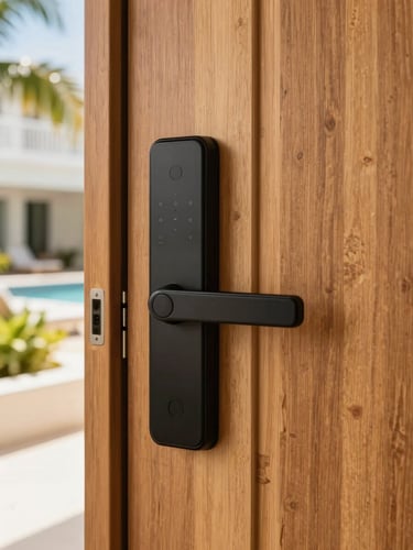 Tight detail shot of a modern matte black smart lock installed on a pristine hardwood condo door in Punta Cana, bright warm sunlight.
