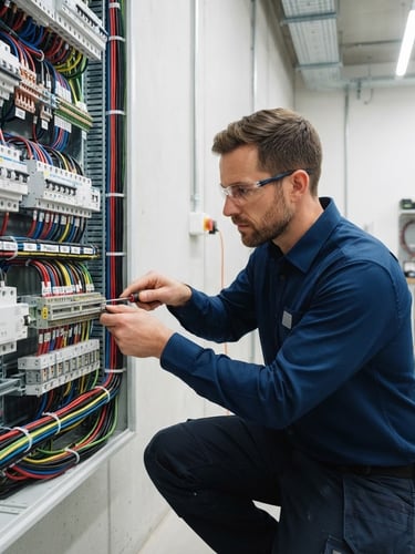 Professional electrician in a clean, branded uniform meticulously working on an organized electrical panel, bright work lighting, sharp focus, technical details, 35mm