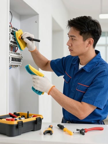 Professional electrician in a clean, branded uniform meticulously wiping down a work area after an electrical repair, modern tools neatly organized, bright work lighting, zero-trace cleanup, 35mm