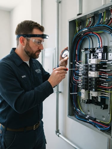 Professional electrician in clean, branded uniform inspecting a modern electrical panel with crisp, organized wiring, bright work lighting, sharp focus on technical details, zero-trace cleanup, 35mm