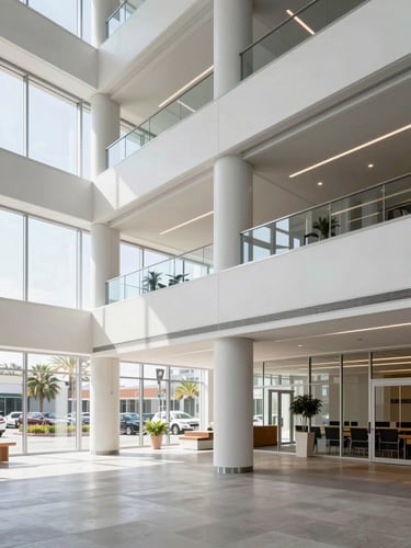Wide clean shot of a modern San Diego commercial building interior with architectural lighting details, bright natural daylight, crisp focus, 35mm