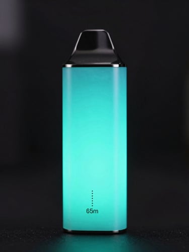 Sharp macro shot of sleek modern vape hardware with vibrant neon-cyan LED backlighting, dark atmospheric background, 35mm