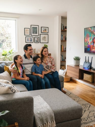 Bright modern photography of a happy Mexican family streaming a movie in their living room, natural daylight, cool tech accents, showing a router with a glowing status light in the background, 35mm lens, wide shot.