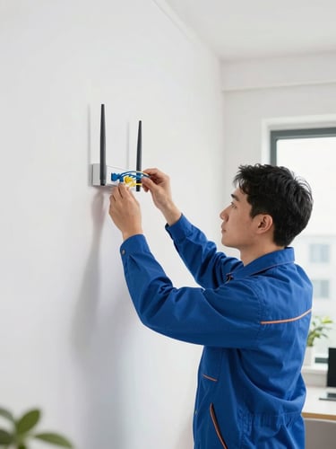 Professional telecom technician in a blue uniform installing a fiber optic router on a clean domestic wall, bright natural daylight, 35mm lens