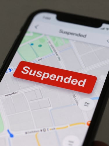 Tight macro shot of a mobile screen displaying a map interface with a red 'Suspended' status flag, naturally lit, desaturated background.