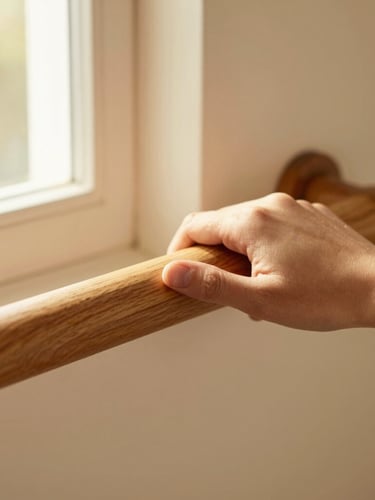 Close-up detail of a hand gently holding a beautifully designed wooden grab bar installed on a warm cream wall, soft natural window light, shallow depth of field
