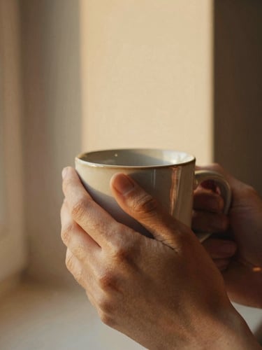 Intimate close-up of warm hands holding a ceramic mug near a window with soft golden-hour light, shallow depth of field, 35mm film style