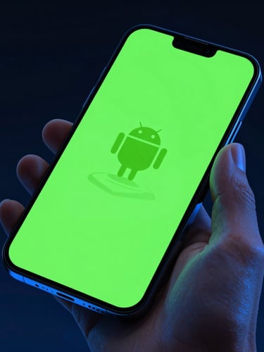 Sleek portrait mockup of a bezel-less Android phone displaying a vibrant neon-green game interface, held by a hand, high-contrast dark studio lighting, electric blue reflection on glass, macro shot