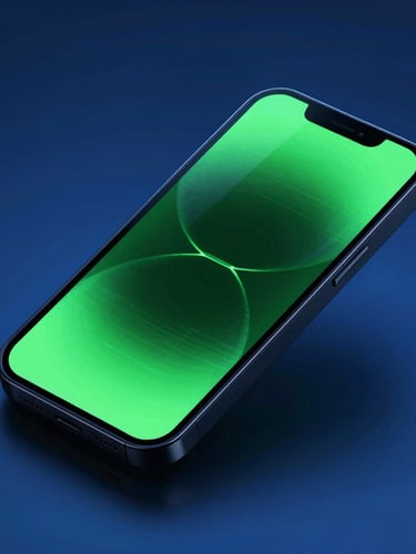 Angled isometric device mockup in a dark studio, vibrant neon green emissive glow reflecting off the glass touchscreen, high contrast cybernetic blue background