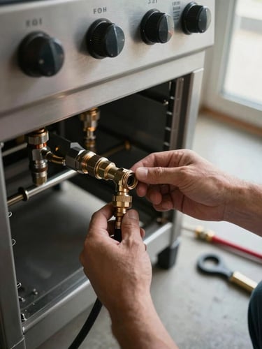 Close-up of a technician's hands connecting a gas line fitting beneath a commercial range, available light from a nearby window, concrete floor visible, tools laid out beside the unit