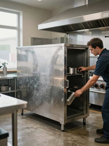 Wide environmental shot of a commercial kitchen, technician in the right third carefully positioning a large stainless-steel appliance unit into a built-in recess, hands guiding the unit into place, available daylight from a side window, concrete floor and stainless benchtops visible, no posing