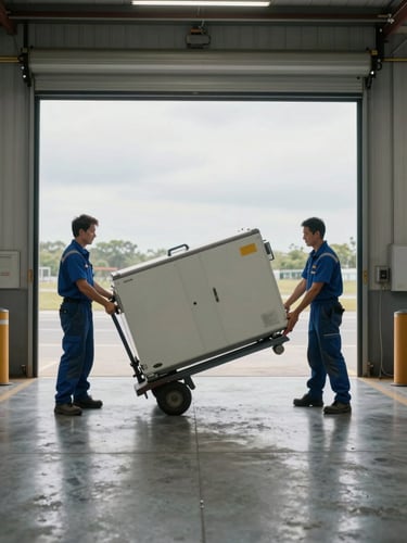 Wide shot in a loading bay, two technicians tilting an old commercial refrigeration unit onto a sack trolley to remove it, concrete floor and roller-door visible, flat overcast daylight from outside, no staging