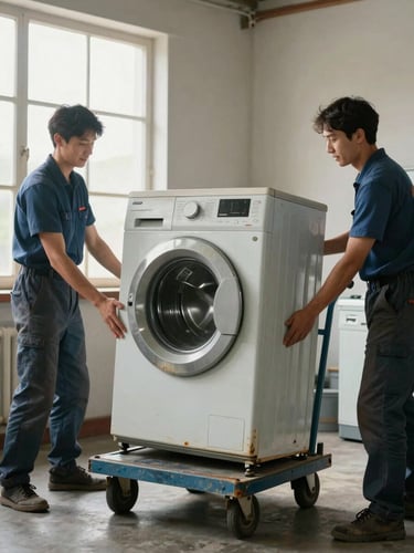 Two workers loading an old freestanding washing machine onto a removal trolley in a domestic laundry, available window light, bare walls, the worn appliance tilted on the trolley showing the removal in progress