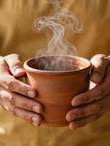 Close-up of a rustic terracotta mug held by two hands, steam rising from freshly poured tea, warm side-lighting highlighting the thumb-marks of the clay, 35mm.