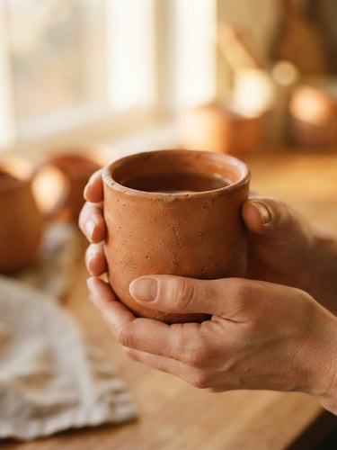 Close-up of a warm terracotta mug held in two hands, golden-hour window light highlighting the physical texture of the clay, shallow depth of field, 35mm