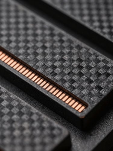 Technical macro shot of the Coredii cushion core, showing copper sensor traces integrated into dark slate carbon weave, high-contrast studio lighting, architectural framing.