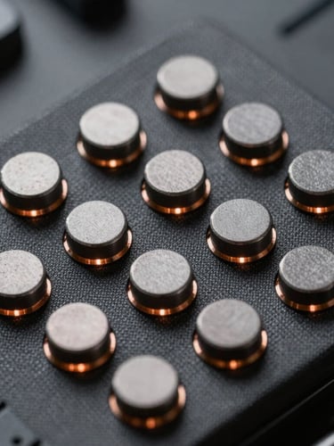 Macro shot of physical sensor nodes embedded in premium dark gray technical textiles, sharp copper backlighting, high contrast, studio lighting.
