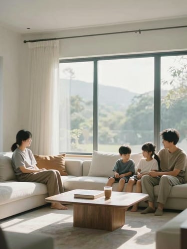 A warm modern minimalist living room with large windows, soft sunlight streaming in, a family relaxing in a perfectly heated comfortable indoor environment, 35mm photography