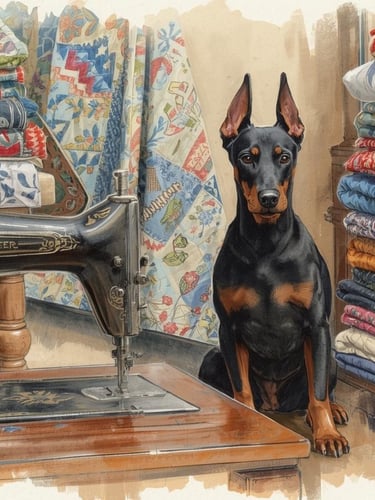 A Doberman Pinscher sits next to a vintage sewing machine and stacks of colorful handmade quilts.