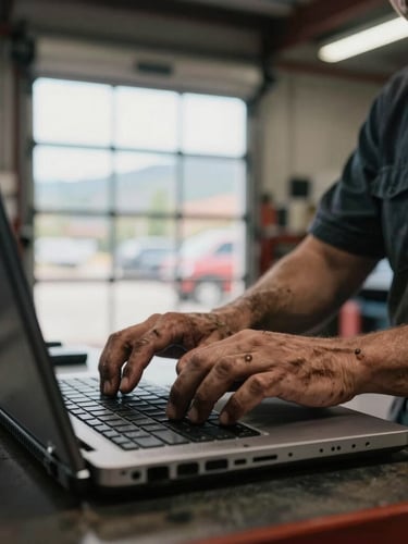 Close-up of a mechanic's grease-stained hands typing on a rugged laptop inside a Colorado auto repair shop, dim daylight filtering through bay doors.